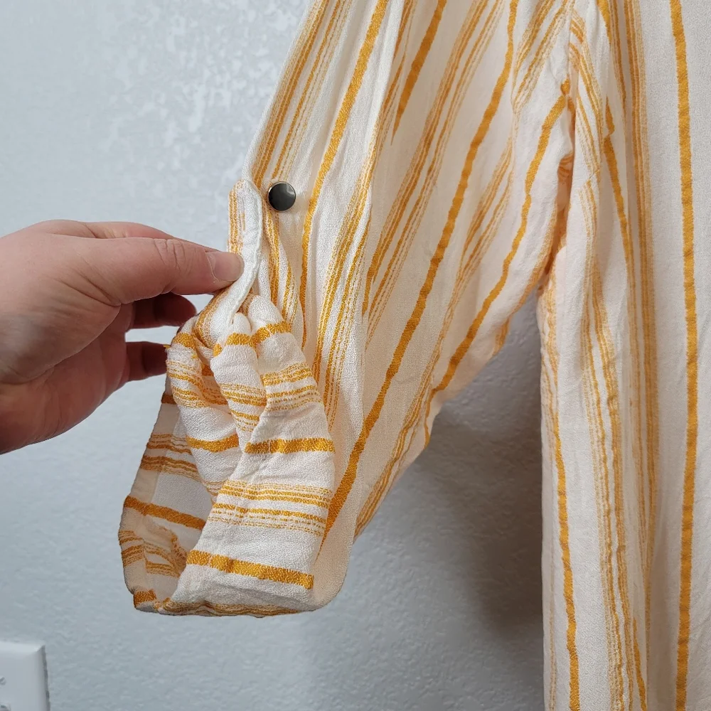 89+Madison 3/4 sleeve button up roll tab yellow stripe crepe collared sh…